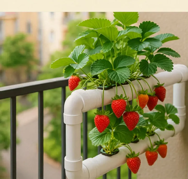 Sistema hidropónico casero de tubos PVC con fresas en un balcón
